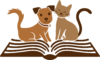 a logo with a terrier and cat sitting on top of an open book