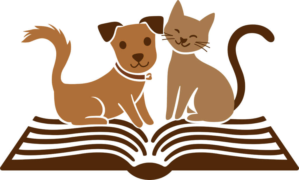 a logo with a terrier and cat sitting on top of an open book